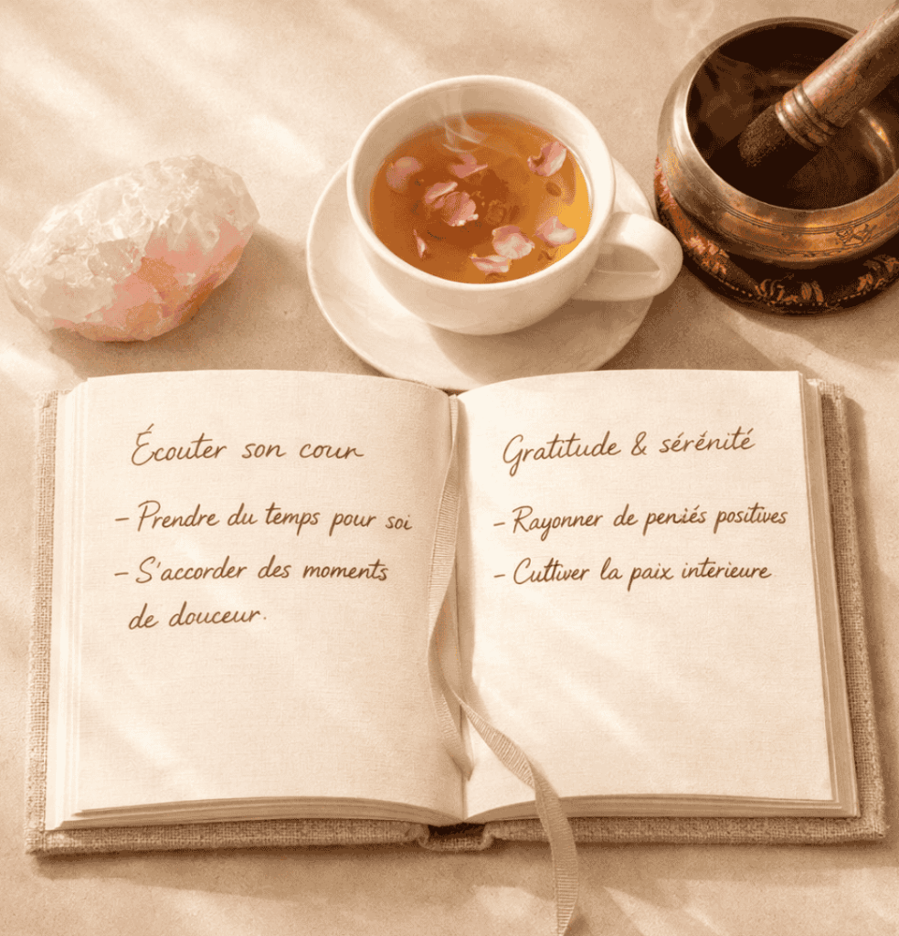 Illustration du carnet de bord personnalisé du Voyage Symphonie, incluant rituels et exercices de libération émotionnelle pour les femmes en transition.