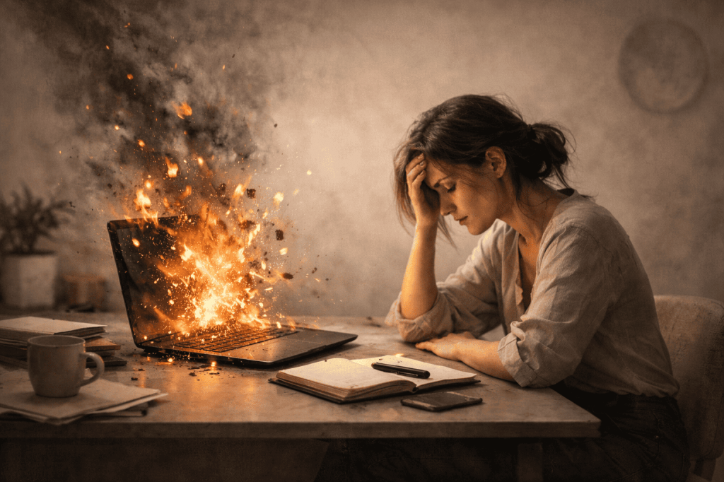 Métaphore du burnout : une femme épuisée devant son ordinateur en feu, accompagnement libération émotionnelle