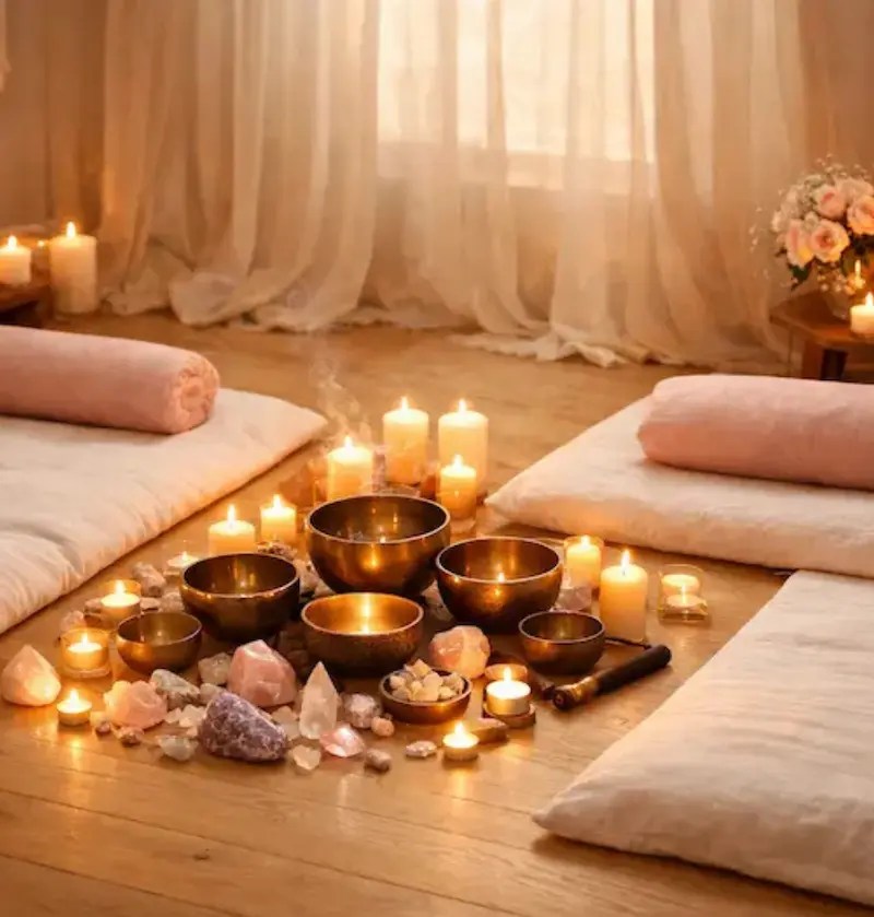 Détail de la préparation d'une séance de sonothérapie en duo chez Chœur Intérieur en Essonne. Un cadeau unique pour la Saint-Valentin.