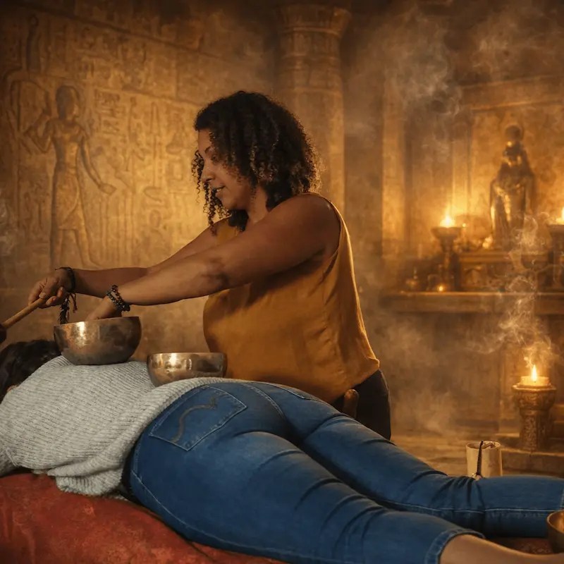 Coralie, praticienne Chœur Intérieur, réalisant le soin énergétique Éveil d'Isis avec des bols chantants dans un temple égyptien sacré.