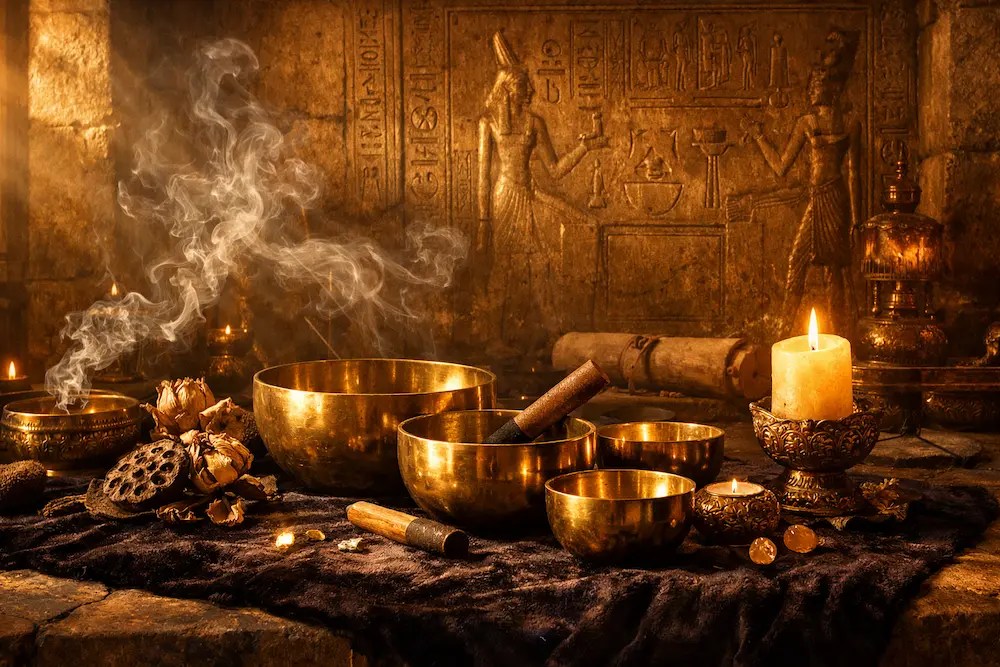 Soin énergétique et massage sacré égyptien L'Éveil d'Isis avec bols chantants et bougie rituelle à Abbéville-la-Rivière