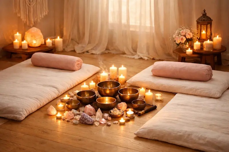 Détail de la préparation d'une séance de sonothérapie en duo chez Chœur Intérieur en Essonne. Un cadeau unique pour la Saint-Valentin.