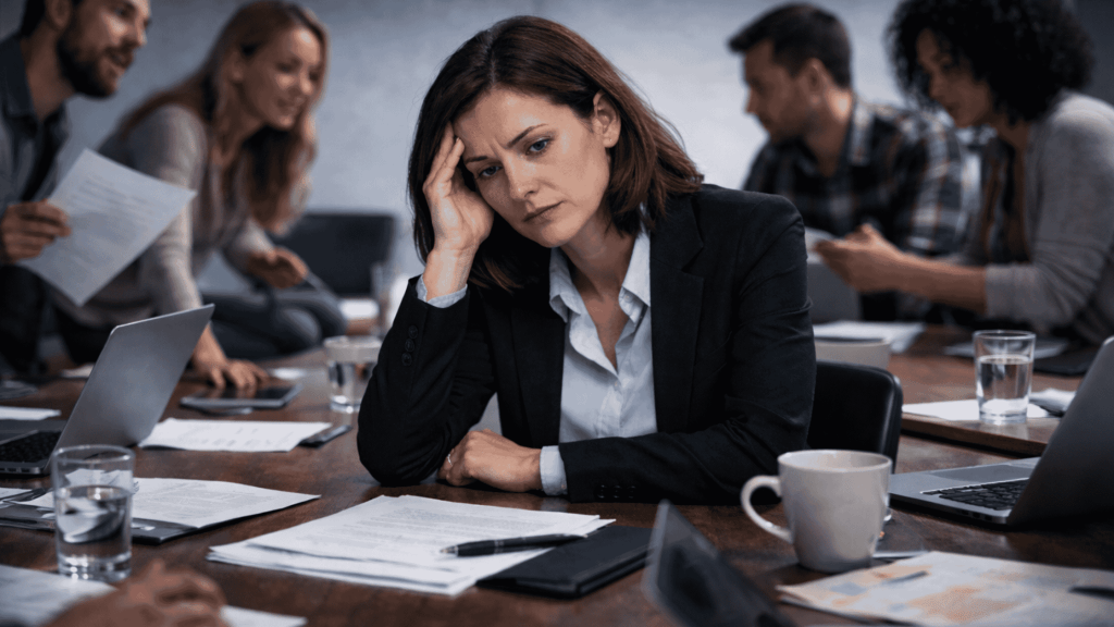 Illustration d'une femme manager épuisée et accablée en réunion, symbolisant le burnout et la perte de sens au travail. Accompagnement en libération émotionnelle en Essonne avec Chœur Intérieur.