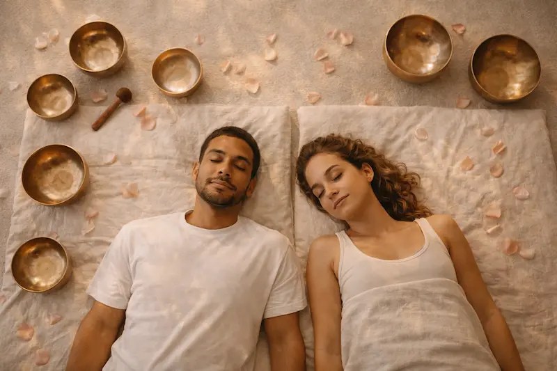 Séance de sonothérapie en duo pour couple en Essonne, offre spéciale Saint-Valentin chez Chœur Intérieur.