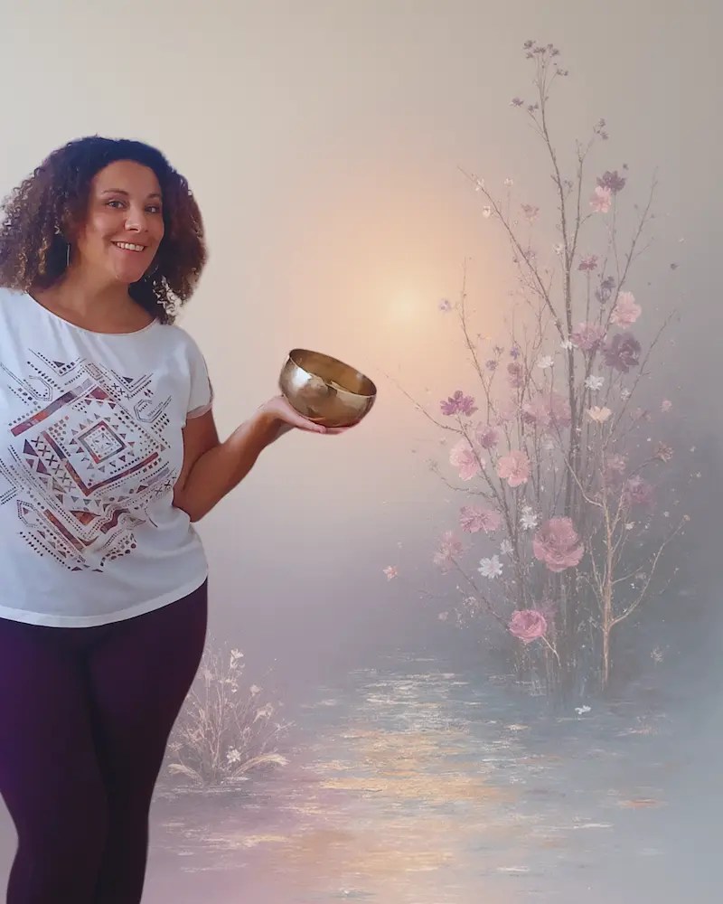 Portrait de Coralie Tomasina illustrant son parcours de transition : de manager en entreprise (à gauche) à fondatrice de Chœur Intérieur et sonothérapeute en Essonne (à droite). Un chemin de libération émotionnelle pour accompagner les femmes en quête de sens.