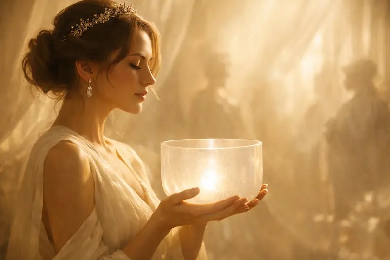 Illustration du rayonnement intérieur et de la souveraineté retrouvée : une femme tenant un bol de cristal chantant pour symboliser la sortie de la dépendance affective par la sonothérapie chez Chœur Intérieur en Essonne.