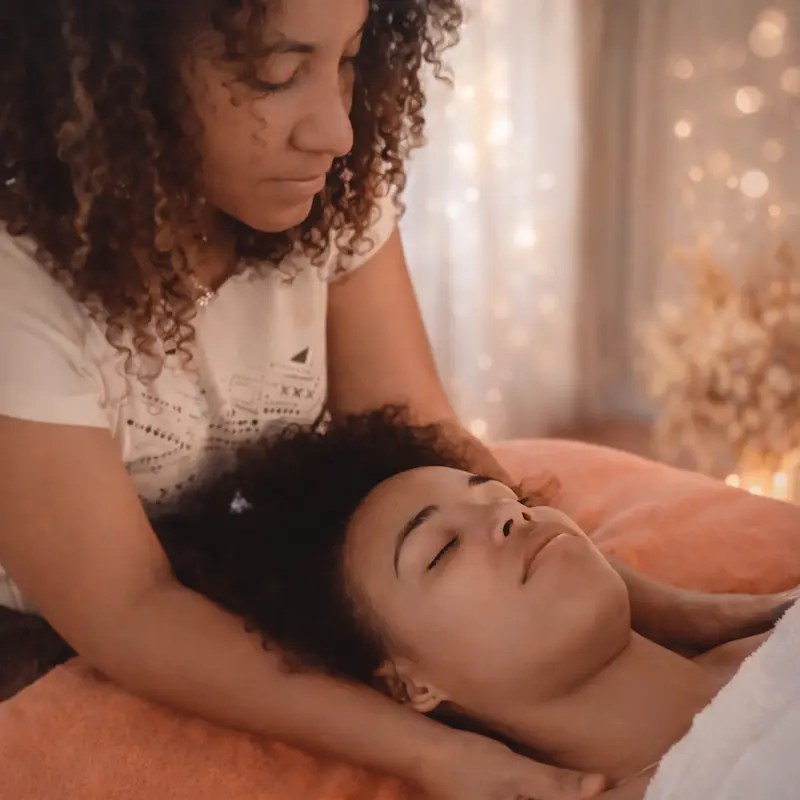 Coralie, praticienne chez Chœur Intérieur, réalisant un massage intuitif pour accompagner une femme à un carrefour de sa vie. Un soin de libération émotionnelle en Essonne pour retrouver son courage et sa clarté