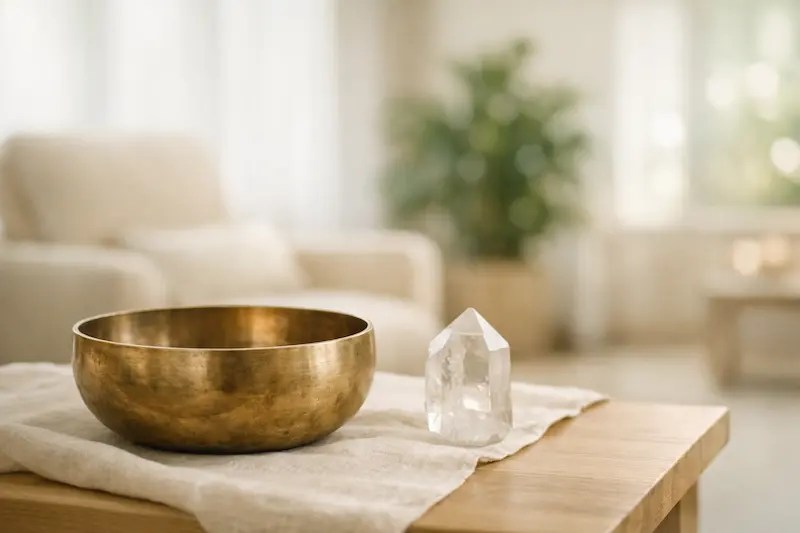 Ambiance de médiation sonore pour les institutions et EHPAD en Essonne : un bol tibétain et un cristal de roche posés avec soin pour une séance de sonothérapie proposée par Chœur Intérieur