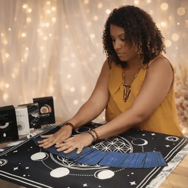 Femme réalisant un tirage de cartes de cartomancie pour accompagner une transition de vie.
